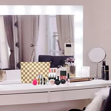 PAZIMIIK Makeup Bag Large Zipper Corduroy Make Up Pouch for Purse Travel Canvas Cosmetic Organizer for Women Brush Storage,Checkered Light Brown