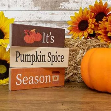 It's Pumpkin Spice Season Wooden Block Signs, Fall Decor, Harvest Autumn Thanksgiving Decor, Fall Decorations for Home, Tiered Tray, Made in USA