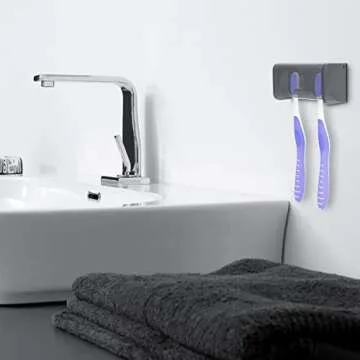 Toothbrush Holder Wall Mounted with Cover for Bathroom, 2 Slots Toothbrush Storage Organizer for Shower, Self Adhesive Toothbrush Hanger Rack for Dorm, Cabinet (Grey)