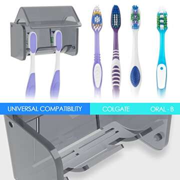 Toothbrush Holder Wall Mounted with Cover for Bathroom, 2 Slots Toothbrush Storage Organizer for Shower, Self Adhesive Toothbrush Hanger Rack for Dorm, Cabinet (Grey)