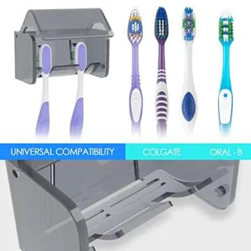 Toothbrush Holder Wall Mounted with Cover for Bathroom, 2 Slots Toothbrush Storage Organizer for Shower, Self Adhesive Toothbrush Hanger Rack for Dorm, Cabinet (Grey)