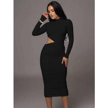 LAGSHIAN Women Sexy Long Sleeve Mock Neck One Piece Cutout Ruched Bodycon Midi Party Dress Black