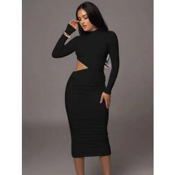 LAGSHIAN Women Sexy Long Sleeve Mock Neck One Piece Cutout Ruched Bodycon Midi Party Dress Black