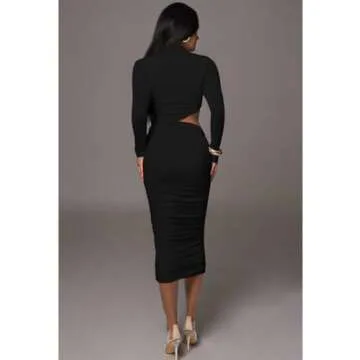LAGSHIAN Women Sexy Long Sleeve Mock Neck One Piece Cutout Ruched Bodycon Midi Party Dress Black