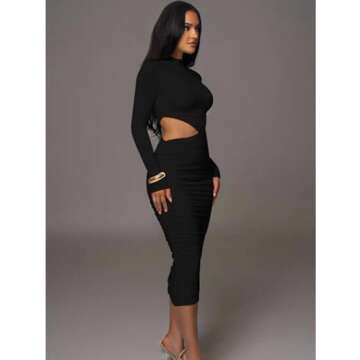 LAGSHIAN Women Sexy Long Sleeve Mock Neck One Piece Cutout Ruched Bodycon Midi Party Dress Black