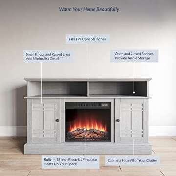 BELLEZE 48" TV Stand with 18" Electric Fireplace Heater, Modern TV Stand for TVs up to 50", Entertainment Media Stand with Open Shelves and Storage Cabinets for Living Room, Bedroom (Sargent Oak)