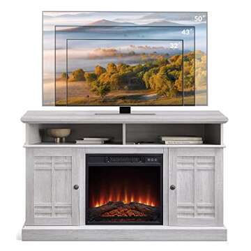 BELLEZE 48" TV Stand with 18" Electric Fireplace Heater, Modern TV Stand for TVs up to 50", Entertainment Media Stand with Open Shelves and Storage Cabinets for Living Room, Bedroom (Sargent Oak)
