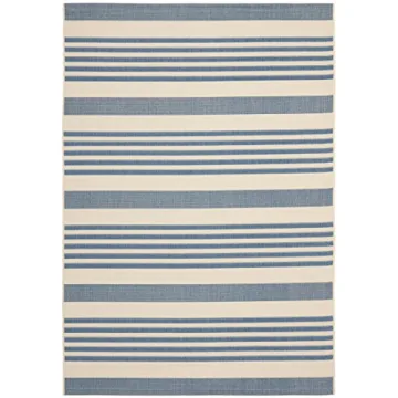 SAFAVIEH Courtyard Collection 6'7" x 9'6" Beige/Blue CY6062 Stripe Indoor/ Outdoor Waterproof Easy Cleaning Patio Backyard Area Rug