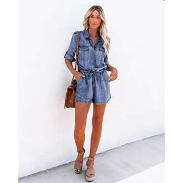 Paintcolors Women's Long Sleeve Button Down Pockets Belted Washed Denim Jumpsuits Rompers - Blue XXL