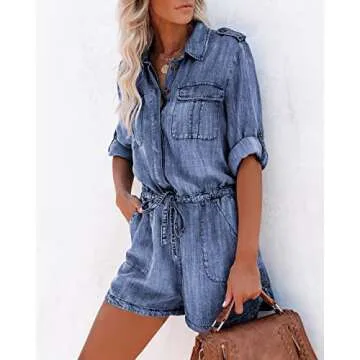 Paintcolors Women's Long Sleeve Button Down Pockets Belted Washed Denim Jumpsuits Rompers - Blue XXL