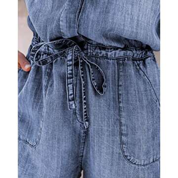 Paintcolors Women's Long Sleeve Button Down Pockets Belted Washed Denim Jumpsuits Rompers - Blue XXL