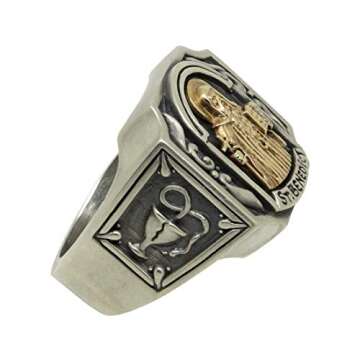 St Benedict Christian Roman Catholic Exorcism Gold 10K and Sterling Silver 925 Mens Ring, Demon Prot...
