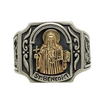 St Benedict Christian Roman Catholic Exorcism Gold 10K and Sterling Silver 925 Mens Ring, Demon Protection