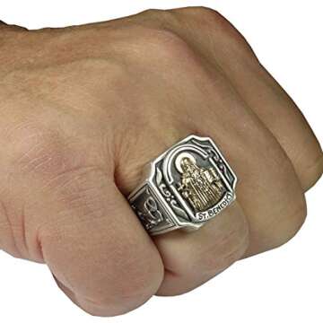 St Benedict Christian Roman Catholic Exorcism Gold 10K and Sterling Silver 925 Mens Ring, Demon Protection