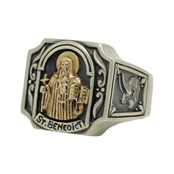 St Benedict Christian Roman Catholic Exorcism Gold 10K and Sterling Silver 925 Mens Ring, Demon Protection