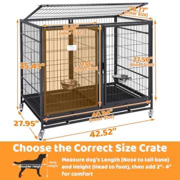 Homey Pet 43 inch Dog Crate Cage Kennel with Divider, Indestructible Dog Crate, Sturdy Design, Double Door and Removable Tray Design XL Dog Cage