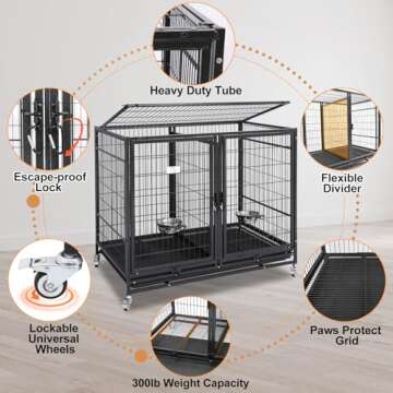 Homey Pet 43 inch Dog Crate Cage Kennel with Divider, Indestructible Dog Crate, Sturdy Design, Double Door and Removable Tray Design XL Dog Cage