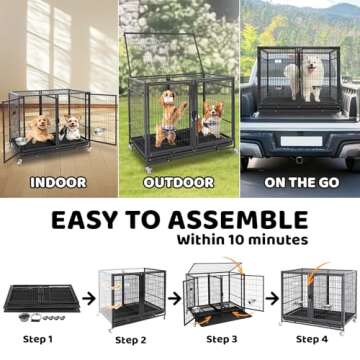 Homey Pet 43 inch Dog Crate Cage Kennel with Divider, Indestructible Dog Crate, Sturdy Design, Double Door and Removable Tray Design XL Dog Cage