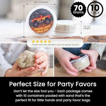 Monster Truck Party Favors - 10 Jars Quartz Sand - Monster Truck Sand - Sensory Sand for Kids-Includes Customizable Printable Monster Truck Cupcake Topper & Snack Labels-Creative Molding Sand