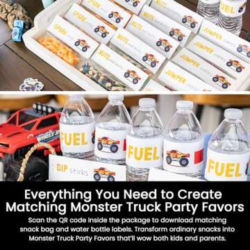 Monster Truck Party Favors - 10 Jars Quartz Sand - Monster Truck Sand - Sensory Sand for Kids-Includes Customizable Printable Monster Truck Cupcake Topper & Snack Labels-Creative Molding Sand