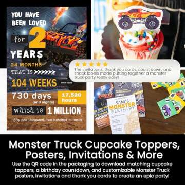 Monster Truck Party Favors - 10 Jars Quartz Sand - Monster Truck Sand - Sensory Sand for Kids-Includes Customizable Printable Monster Truck Cupcake Topper & Snack Labels-Creative Molding Sand