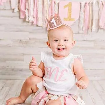 Glitter Birthday Crown - Photo Booth Props, Party Hat for Baby's 1st Birthday (Pink and Gold)