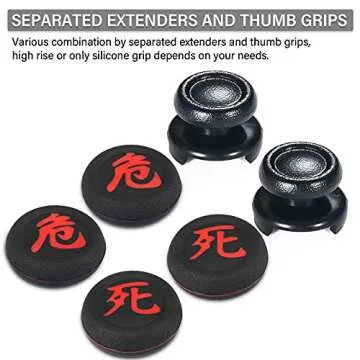 Playrealm FPS Thumbstick Extender x 2 & Printing Rubber Silicone Grip Cover x 4 for PS5 Dualsenese & PS4 Controller (Death of Kanji&Danger of Kanji)
