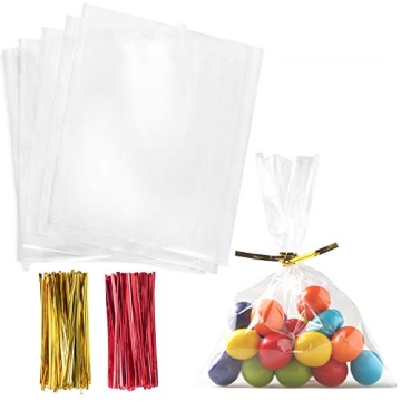200 Pcs Clear Cellophane Treat Bags 5x7 Inches with Twist Ties for Gifts and Party Favors