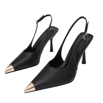 BHDJK Womens Leather Metallic Pointed Slingback Kitten Heel Sandals Summer Closed Toe Adjust Buckle ...