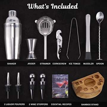 Bartender Kit with Bamboo Stand, 12 Piece 25oz Cocktail Shaker Set with All Essential Bar Tools Set ...