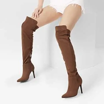 DREAM PAIRS Women's Sdob2214w Over The Knee Thigh High Boots Long Stretch Pointed Toe Stiletto High Heels Fall Sexy Boots, Brown Suede, Size 8