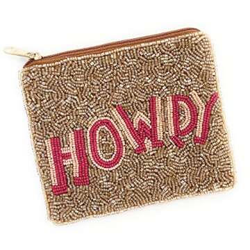 Twine and Love HOWDY Coin Purse Pouch, Coin Purse Pouch, Beaded Coin Purse, Cute Coin Brown