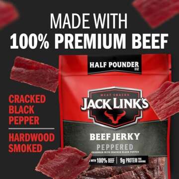 Jack Link's Beef Jerky, Peppered, Half Pounder Large Jerky Bag – Flavorful Meat Snack, Ready to Eat Protein Snacks with 9g of Protein, Made with 100% Beef, Keto, Paleo & Carnivore Diet Ready