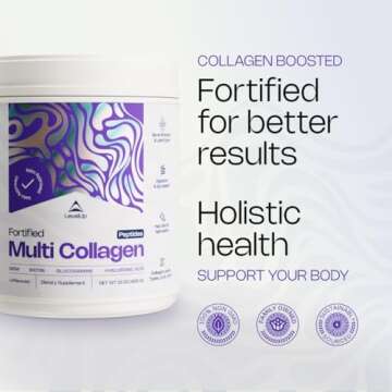 LevelUp Multi Collagen Fortified with Biotin, MSM, Hyaluronic Acid, Glucosamine, Collagen Types I, II, III, V & X, for Joints Hair Skin Nails Gut (Unflavored)