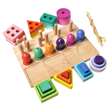 Montessori Toys for Toddlers, Shape Sorter, Wooden Stacking Blocks, Color Puzzle Pattern, Fine Motor...