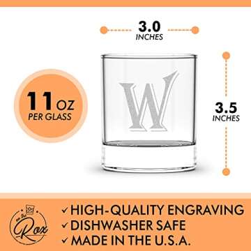Monogrammed Gifts for Men - 4PC 11 Oz Custom Whiskey Glasses (W-Monogram) - Engraved Whiskey Glasses...