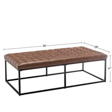 Wovenbyrd Modern Rectangular Button Tufted Cocktail Ottoman Footstool with Metal Base, 56-Inch by 28-Inch, Light Brown Faux Leather