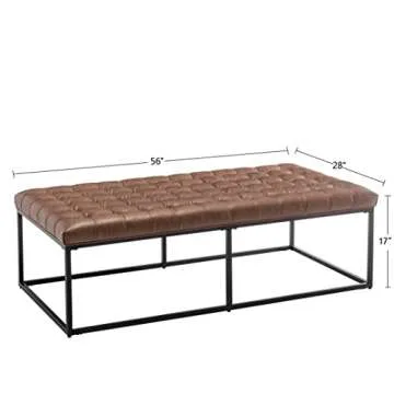 Wovenbyrd Modern Rectangular Button Tufted Cocktail Ottoman Footstool with Metal Base, 56-Inch by 28-Inch, Light Brown Faux Leather