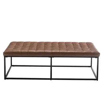 Wovenbyrd Modern Rectangular Button Tufted Cocktail Ottoman Footstool with Metal Base, 56-Inch by 28-Inch, Light Brown Faux Leather