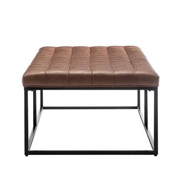 Wovenbyrd Modern Rectangular Button Tufted Cocktail Ottoman Footstool with Metal Base, 56-Inch by 28-Inch, Light Brown Faux Leather