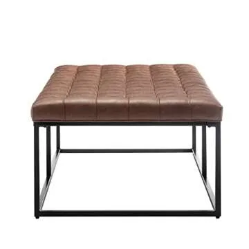 Wovenbyrd Modern Rectangular Button Tufted Cocktail Ottoman Footstool with Metal Base, 56-Inch by 28-Inch, Light Brown Faux Leather