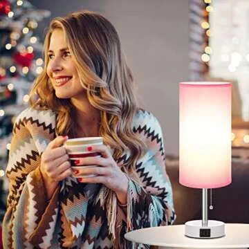 Hong-in Pink Bedside Lamp - 3 Color Modes, Small Lamp with USB-C and USB-A Charging Ports, Pull Chain, Nightstand Light for Bedroom, Office, Kids Room (Bulb Included)