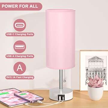 Hong-in Pink Bedside Lamp - 3 Color Modes, Small Lamp with USB-C and USB-A Charging Ports, Pull Chain, Nightstand Light for Bedroom, Office, Kids Room (Bulb Included)