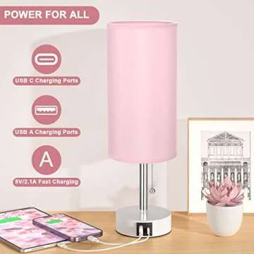 Hong-in Pink Bedside Lamp - 3 Color Modes, Small Lamp with USB-C and USB-A Charging Ports, Pull Chain, Nightstand Light for Bedroom, Office, Kids Room (Bulb Included)