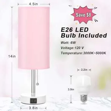 Hong-in Pink Bedside Lamp - 3 Color Modes, Small Lamp with USB-C and USB-A Charging Ports, Pull Chain, Nightstand Light for Bedroom, Office, Kids Room (Bulb Included)