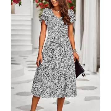 BTFBM Women Casual Summer Short Ruffles Tiered Sleeve Smocked Midi Dresses Bohemian Floral V Neck Wedding Guest Long Dresses