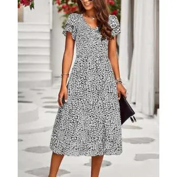 BTFBM Women Casual Summer Short Ruffles Tiered Sleeve Smocked Midi Dresses Bohemian Floral V Neck Wedding Guest Long Dresses