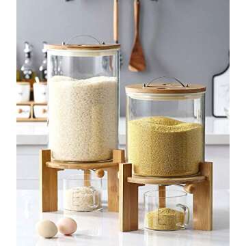 Flour and Cereal Container, 5L/8L, Rice Dispenser, Creative Glass Food Storge Container for Kitchen Organization and Pantry Store, Airtight Lid and Wooden Stand8L