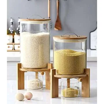 Flour and Cereal Container, 5L/8L, Rice Dispenser, Creative Glass Food Storge Container for Kitchen Organization and Pantry Store, Airtight Lid and Wooden Stand8L
