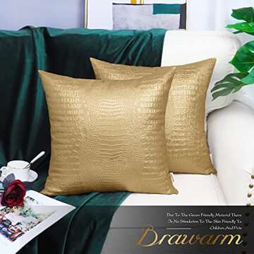 BRAWARM Faux Leather Pillow Covers 18 X 18 Inches, Gold Leather Pillow Covers Pack of 2, Crocodile L...
